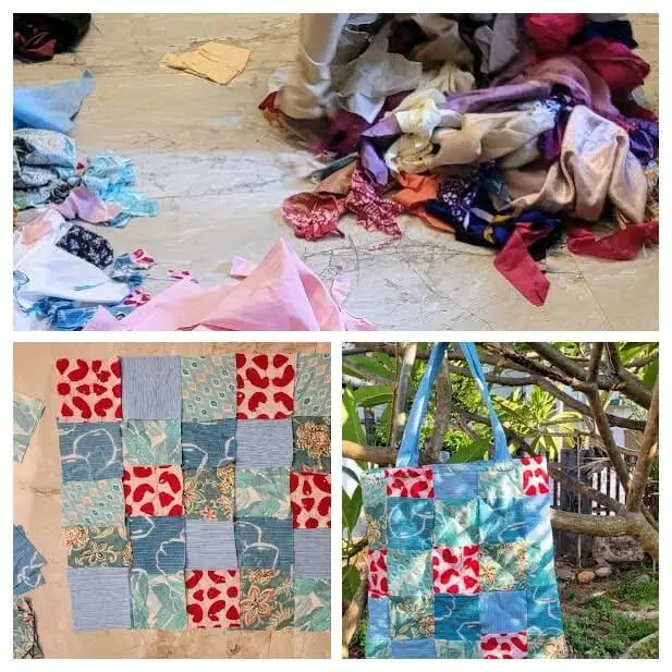Fresh Cut Pieces collected before they enter landfill, cleaned, arranged into beautiful designs, stitched to functional robust & beautiful tote bags.